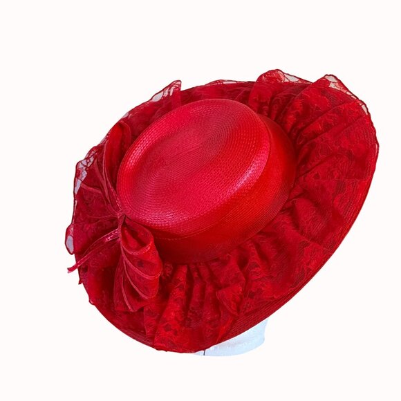 Vintage Wide Brimmed Derby Hat Red Flat Top Lace Bow Dramatic Silhouette - Picture 6 of 14
